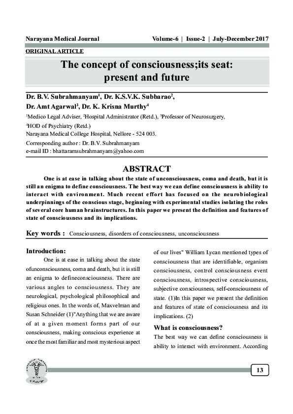 (PDF) The concept of consciousness;its seat: present and future