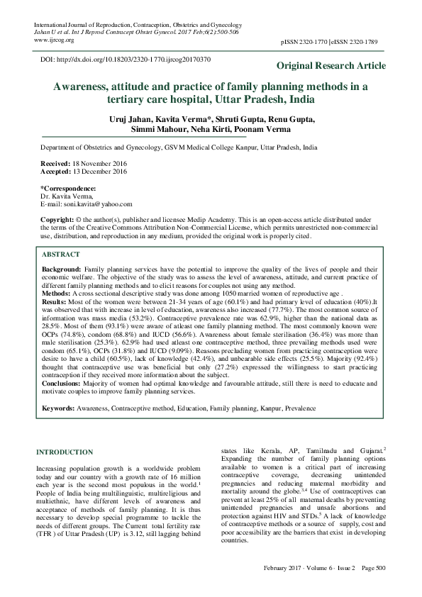 (PDF) Awareness, attitude and practice of family planning methods in a ...