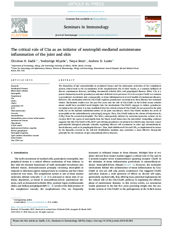 (PDF) The critical role of C5a as an initiator of neutrophil-mediated ...