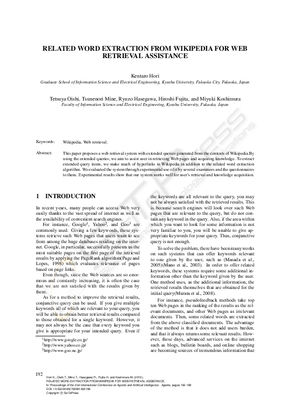(PDF) Related Word Extraction from Wikipedia for Web Retrieval Assistance