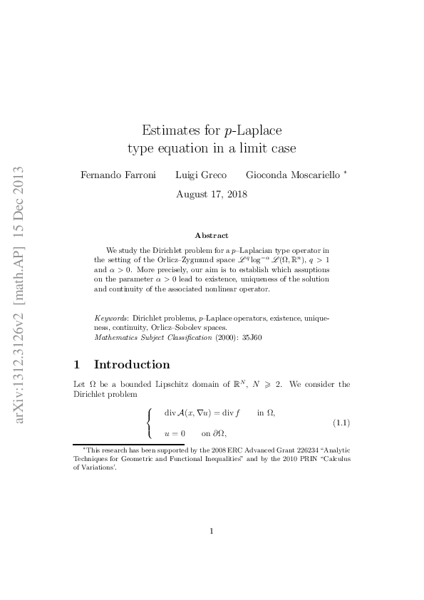 (PDF) Estimates for $p$-Laplace type equation in a limit case