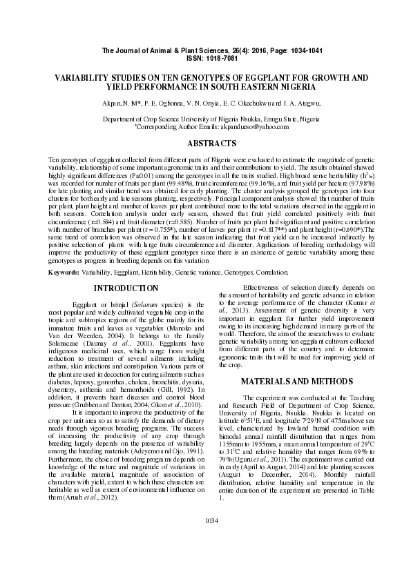 (PDF) VARIABILITY STUDIES ON TEN GENOTYPES OF EGGPLANT FOR GROWTH AND ...