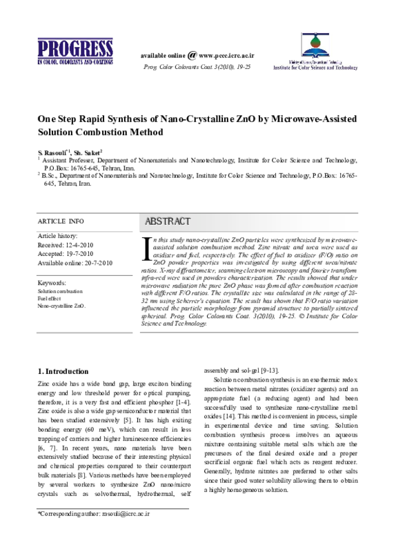 (PDF) One Step Rapid Synthesis of Nano-Crystalline Zno by Microwave ...