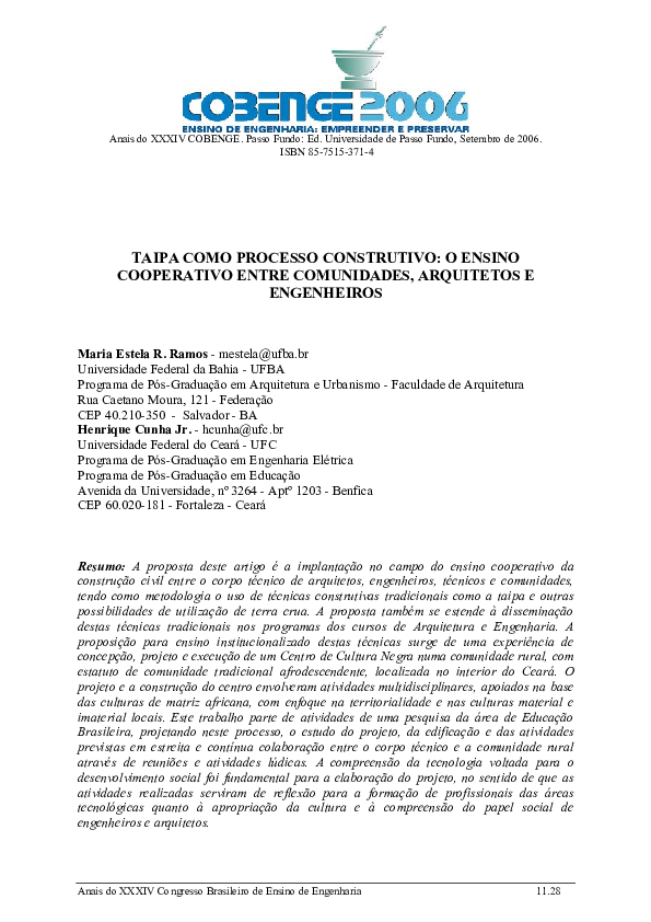 Taipa Como Processo Construtivo: O Ensino Cooperativo Entre Comunidades, Arquitetos e Engenheiros