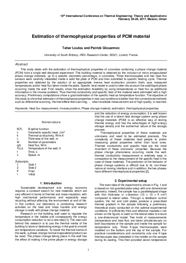 (PDF) Estimation of Thermophysical Properties of PCM Material