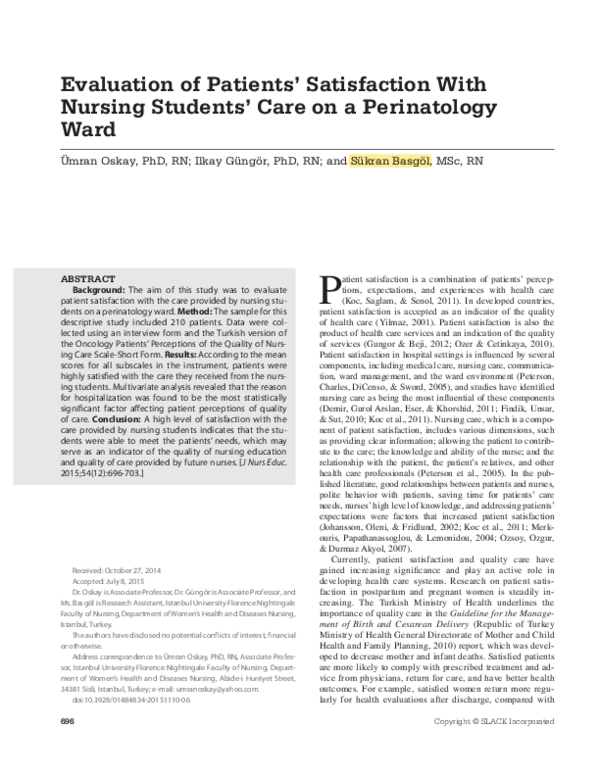 (PDF) Evaluation of Patients' Satisfaction With Nursing Students' Care ...