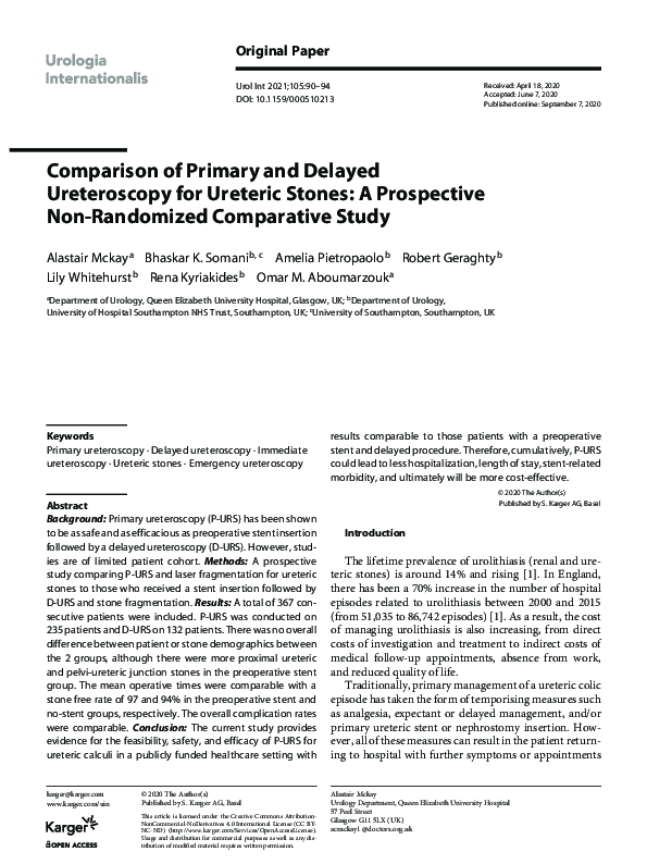 (PDF) Comparison of Primary and Delayed Ureteroscopy for Ureteric ...