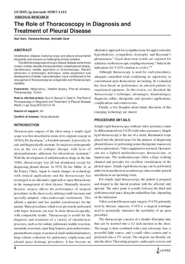 (PDF) The Role of Thoracoscopy in Diagnosis and Treatment of Pleural ...
