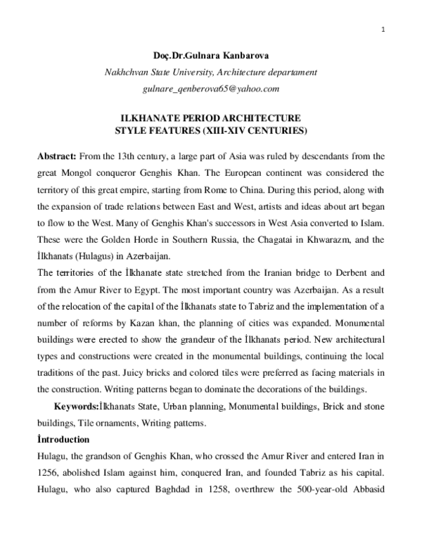 (PDF) ILKHANATE PERIOD ARCHITECTURE STYLE FEATURES (XIII-XIV CENTURIES)
