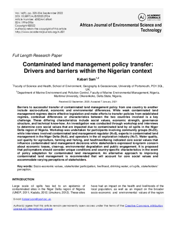 (PDF) Contaminated land management policy transfer: Drivers and ...