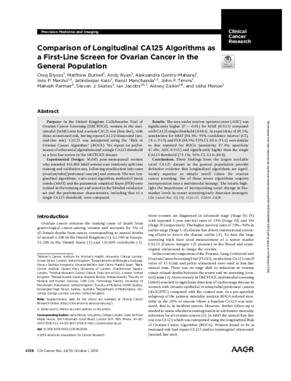 (PDF) Comparison of Longitudinal CA125 Algorithms as a First-Line ...