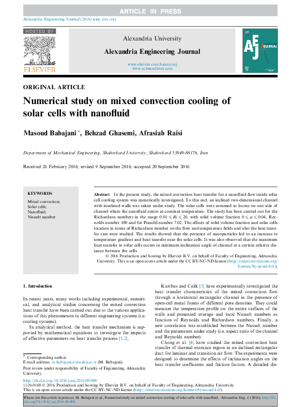 (PDF) Numerical study on mixed convection cooling of solar cells with ...