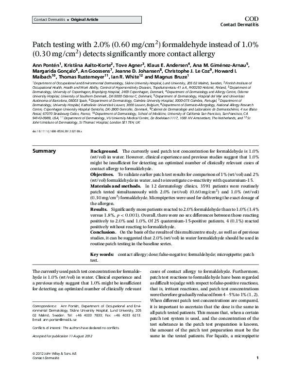 (PDF) Patch testing with 2.0% (0.60 mg/cm2) formaldehyde instead of 1.0 ...