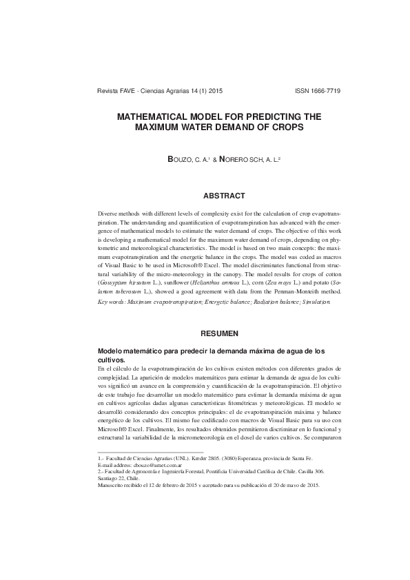 (PDF) Mathematical Model for Predicting the Maximum Water Demand of Crops