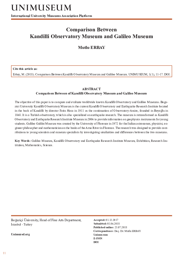 (PDF) Comparison Between Kandilli Observatory Museum and Galileo Museum