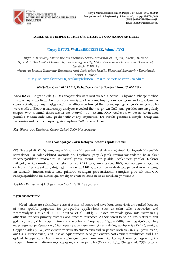 (PDF) FACILE AND TEMPLATE-FREE SYNTHESIS OF CuO NANOPARTICLES