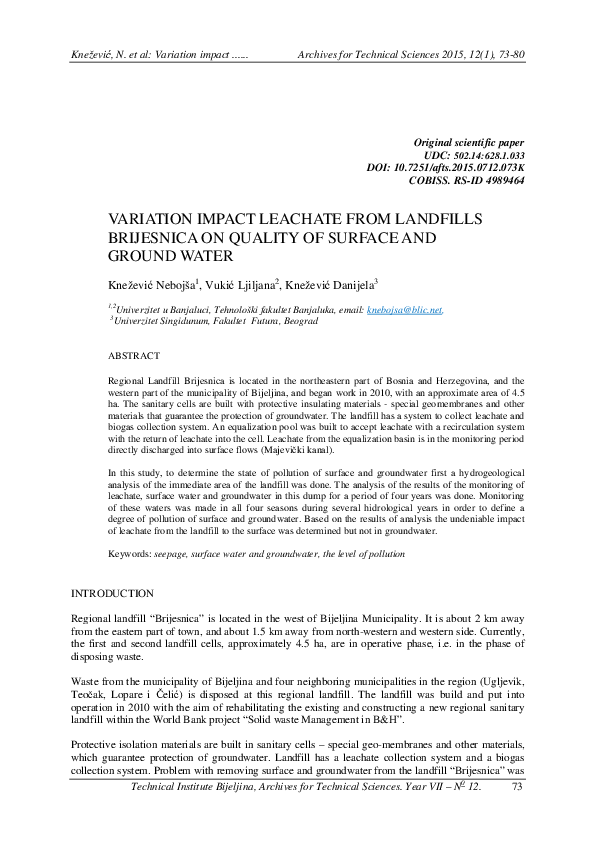 (PDF) Variation Impact Leachate from Landfills Brijesnica on Quality of ...