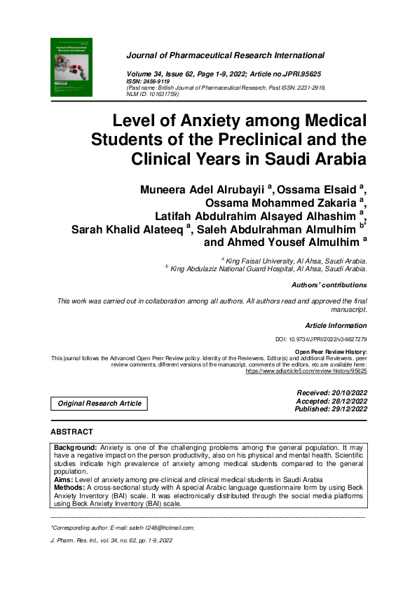 (PDF) Level of Anxiety among Medical Students of the Preclinical and ...