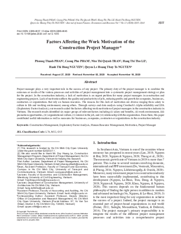 (PDF) Factors Affecting the Work Motivation of the Construction Project ...