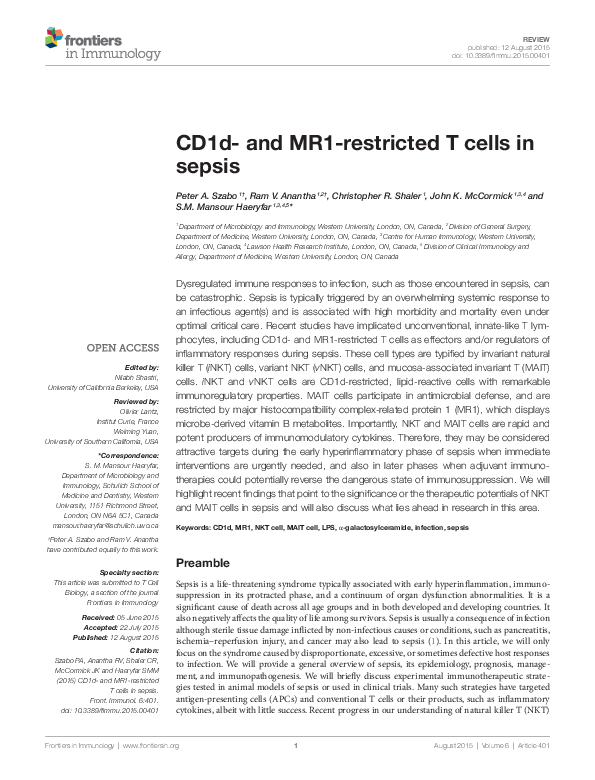 (PDF) CD1d- and MR1-Restricted T Cells in Sepsis