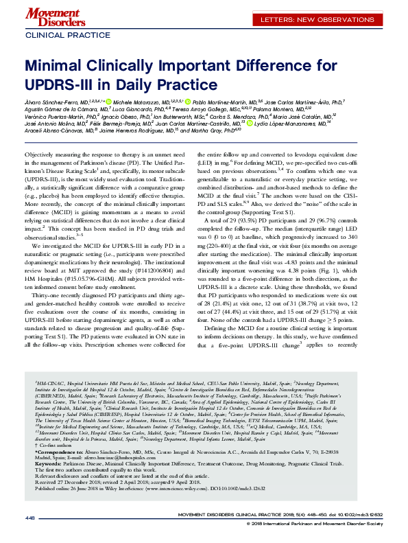(PDF) Minimal Clinically Important Difference for UPDRS-III in Daily ...