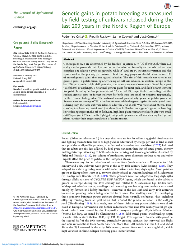 (PDF) Genetic gains in potato breeding as measured by field testing of ...