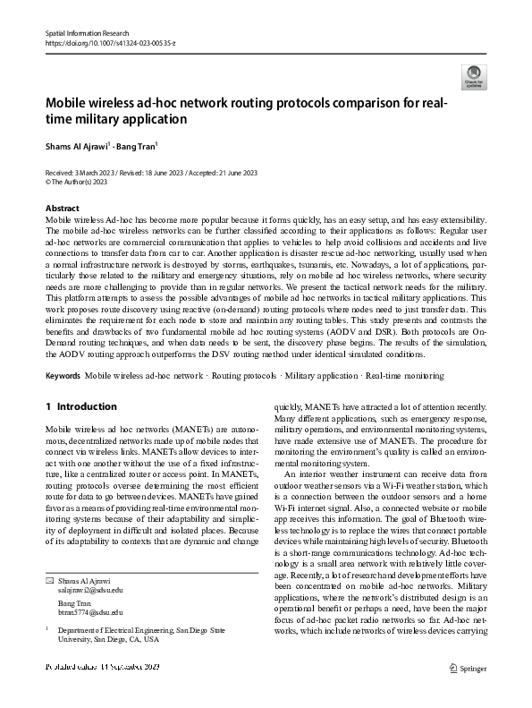 (PDF) Mobile wireless ad-hoc network routing protocols comparison for ...