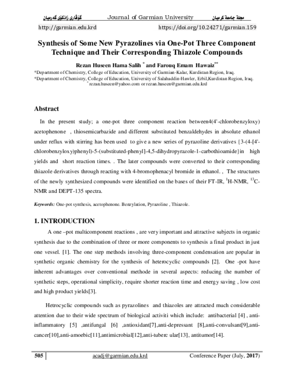 (PDF) Synthesis of Some New Pyrazolines via One-Pot Three Component ...