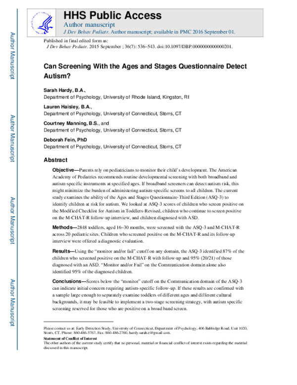 (PDF) Can Screening with the Ages and Stages Questionnaire Detect Autism?