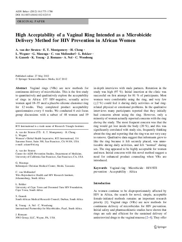 (PDF) High Acceptability of a Vaginal Ring Intended as a Microbicide ...