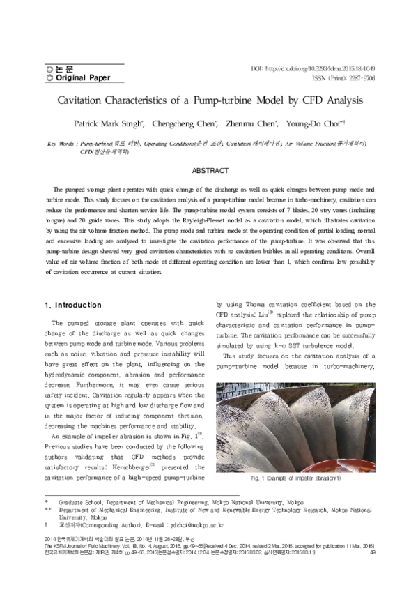 (PDF) Cavitation Characteristics of a Pump-turbine Model by CFD Analysis