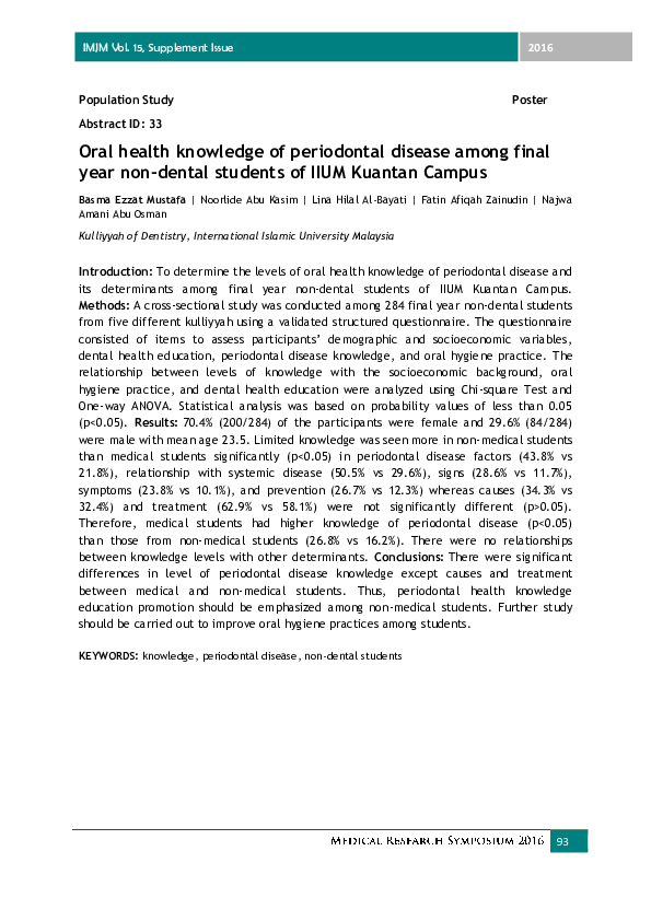 (PDF) Oral health knowledge of periodontal disease among final year non ...