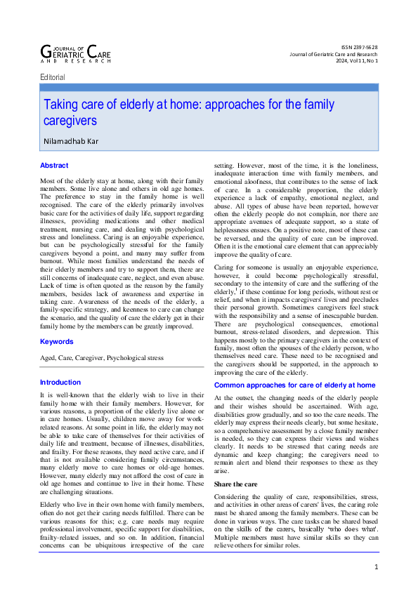 (PDF) Taking care of elderly at home: approaches for the family caregivers