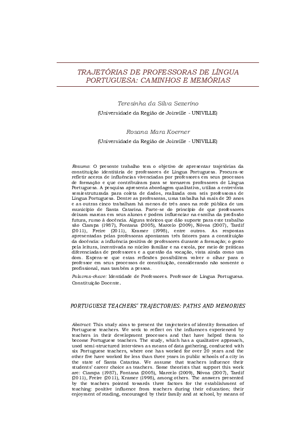 (PDF) Trajetórias de professoras de Língua Portuguesa: caminhos e memórias