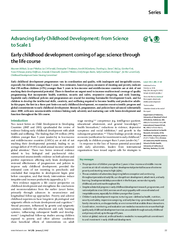 (PDF) Early childhood development coming of age: science through the ...
