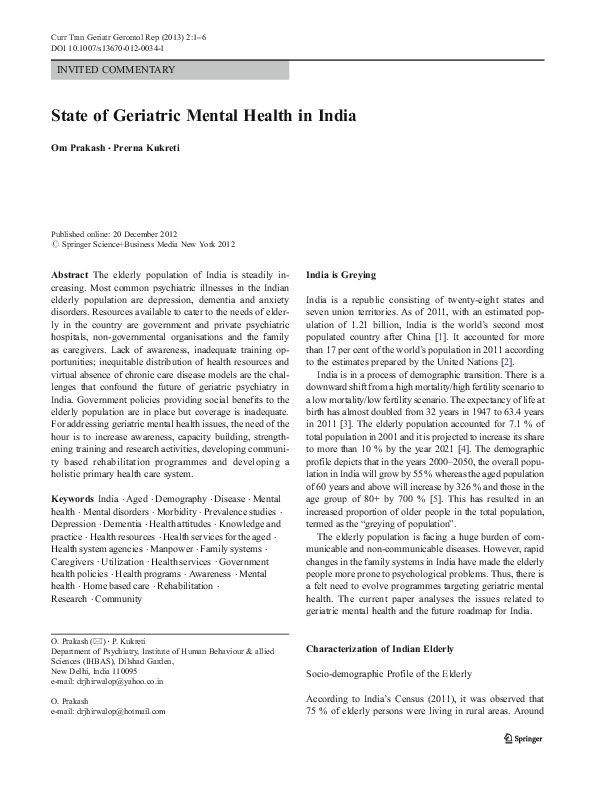 (PDF) State of Geriatric Mental Health in India