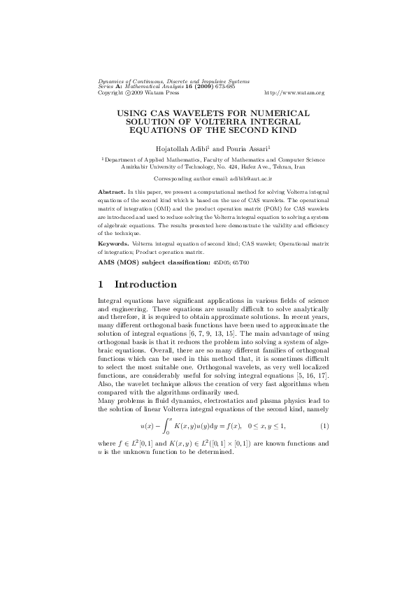 (PDF) Using CAS wavelets for numerical solution of Volterra integral ...