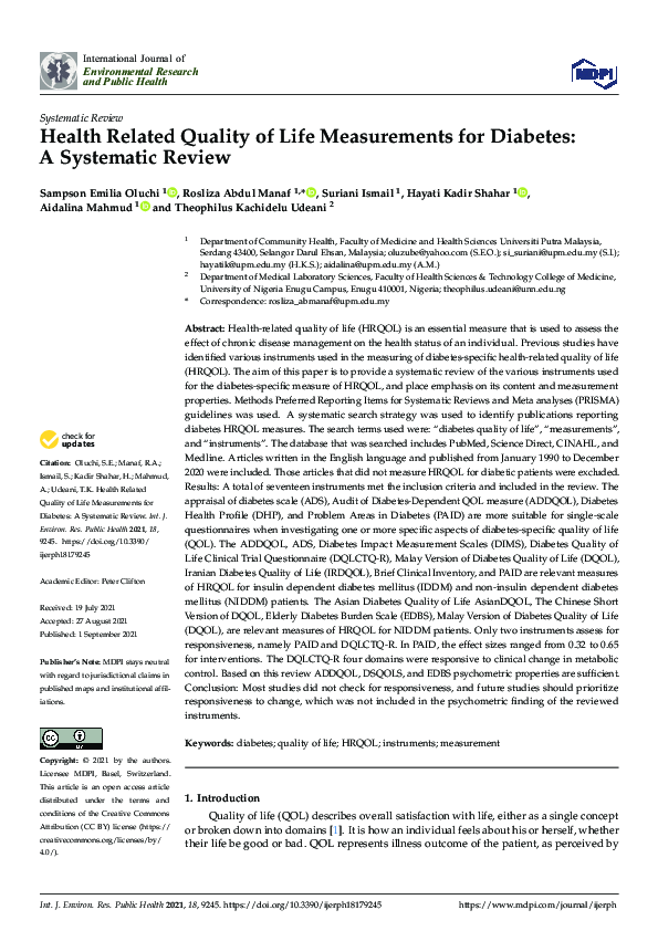 (PDF) Health Related Quality of Life Measurements for Diabetes: A ...