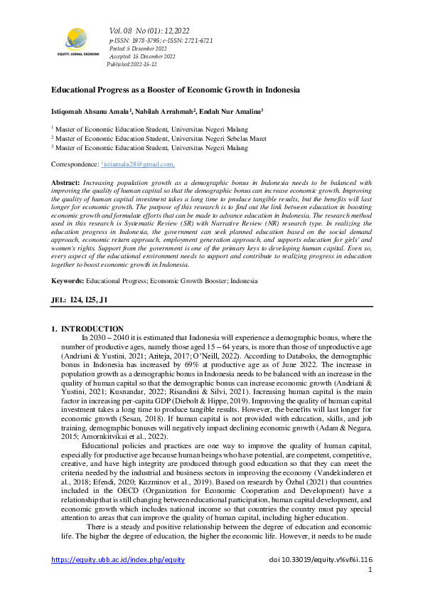 (PDF) Educational Progress as a Booster of Economic Growth in Indonesia