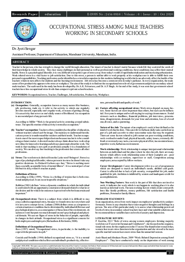 (PDF) OCCUPATIONAL STRESS AMONG MALE TEACHERS WORKING IN SECONDARY SCHOOLS