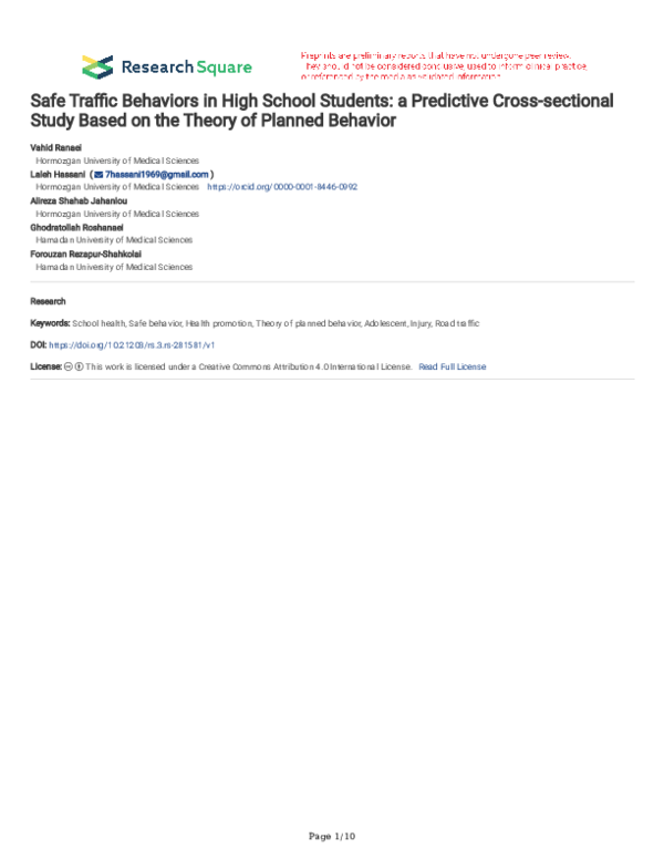 (PDF) Safe Traffic Behaviors in High School Students: a Predictive ...