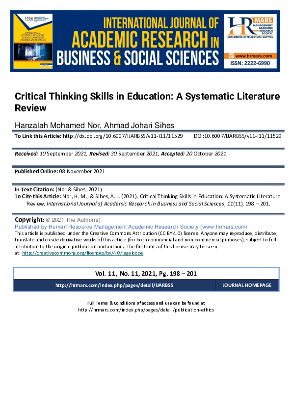 (PDF) Critical Thinking Skills in Education: A Systematic Literature Review