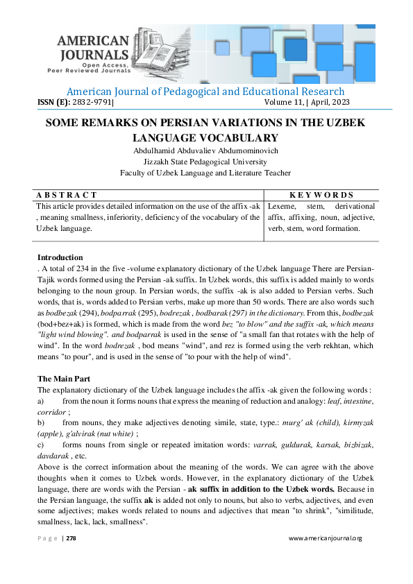 (PDF) SOME REMARKS ON PERSIAN VARIATIONS IN THE UZBEK LANGUAGE VOCABULARY