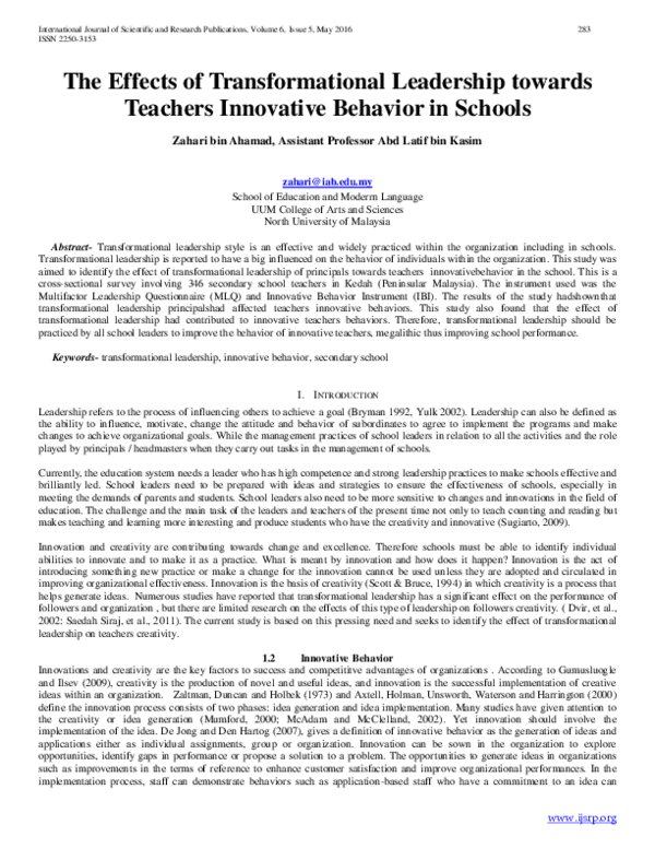 (PDF) The Effects of Transformational Leadership towards Teachers ...