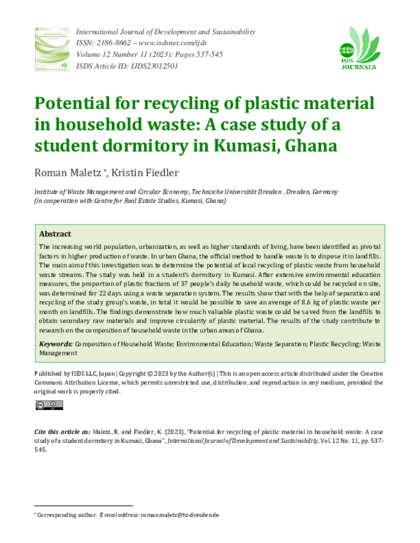 (PDF) Potential for recycling of plastic material in household waste: A ...