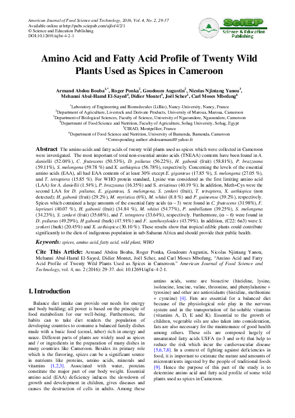 (PDF) Amino Acid and Fatty Acid Profile of Twenty Wild Plants Used as ...