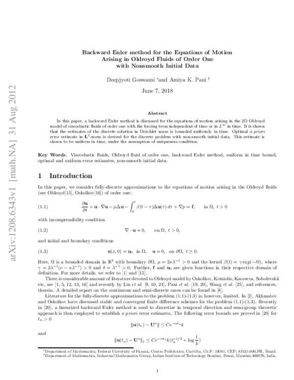 (PDF) Backward Euler method for the Equations of Motion Arising in ...