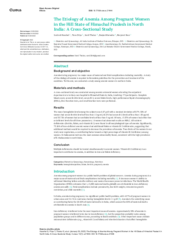 (PDF) The Etiology of Anemia Among Pregnant Women in the Hill State of ...