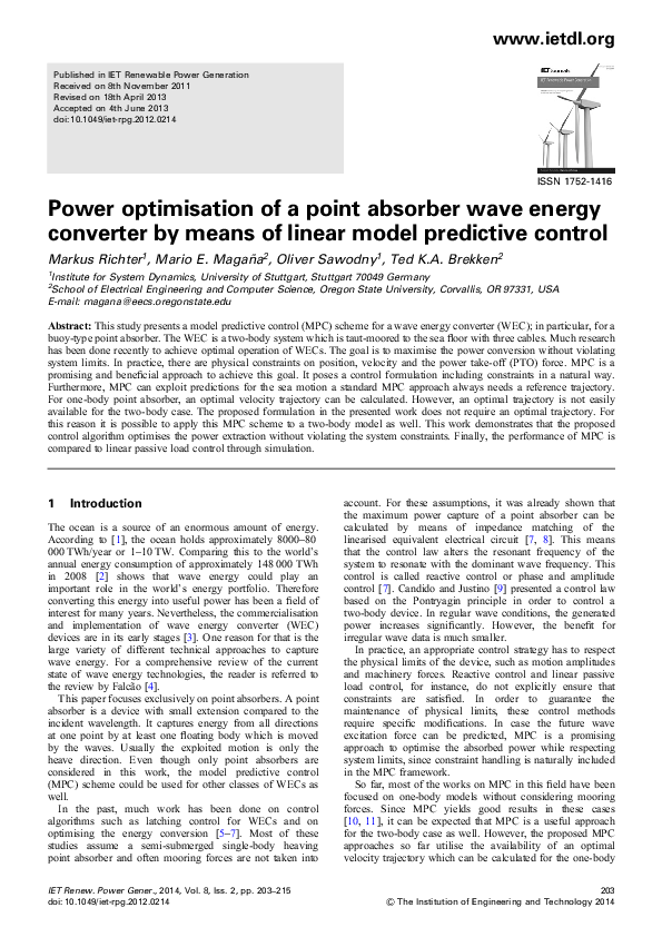 (PDF) Power optimisation of a point absorber wave energy converter by ...