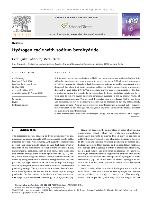 (PDF) Hydrogen cycle with sodium borohydride